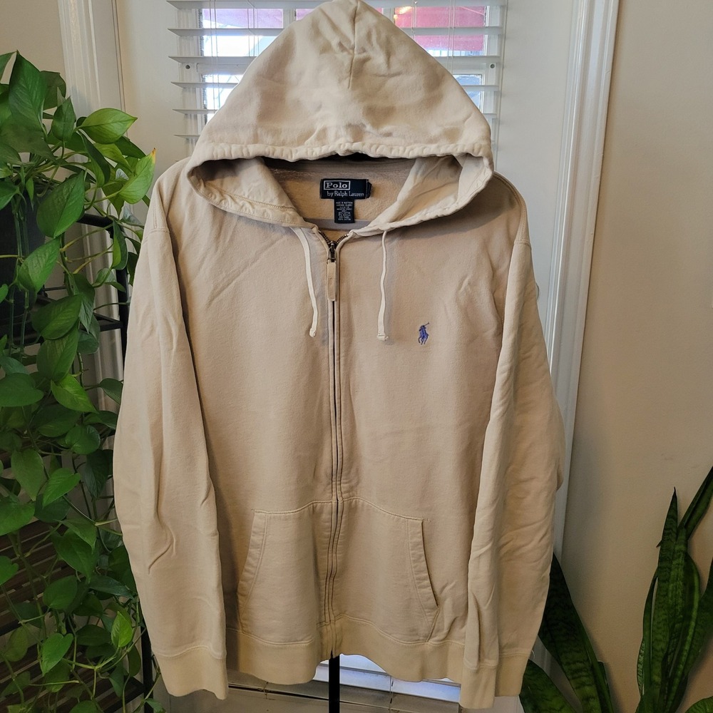 VTG Polo Ralph Lauren Mens XL Full Zip Hoodie Beige Blue Pony Fleece Sweatshirt